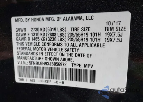 2018 Honda Odyssey Elite from USA, damaged, VIN 5FNRL6H9XJB056972